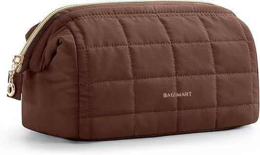 BAGSMART Makeup Bag Travel Toiletry Bag, Puffy Padded Make Up Bags for Women Makeup Organizer Case, Wide-open Pouch Purse Travel Essentials Toiletries Accessories Brushes, Chocolate