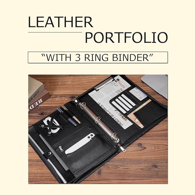 Personalized Vegan Leather Portfolio 3 Ring Binder with Clipboard, Hidden Handle, Custom 8.5 x 11 Zip Padfolio, Business Professional Organizer for Men Women, Black