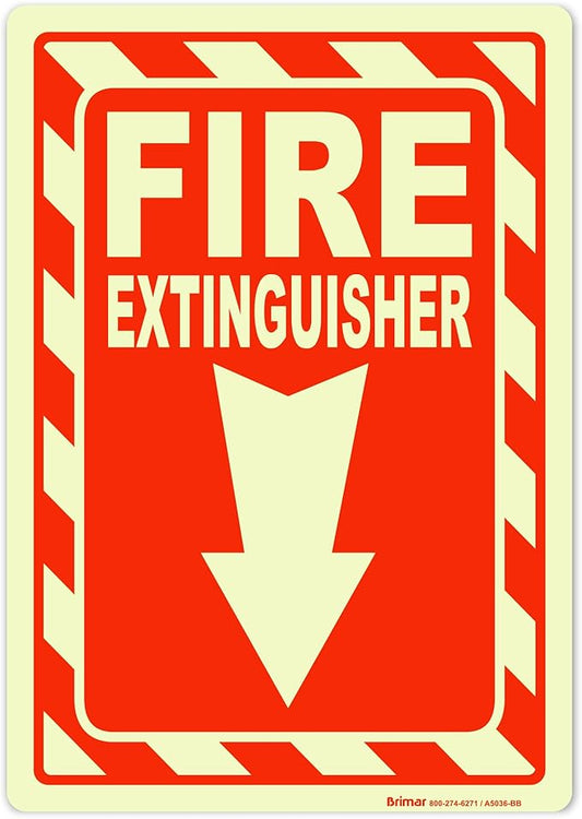 Brimar - 7" x 10" - Fire Extinguisher Sign - 4 Mil Glow-in-the-Dark Peel and Stick Polyester Label - Easy Installation - Versatile Use