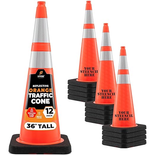 Xpose Safety 36 Inch Orange Traffic Cones Heavy Duty 12lb with 6" & 4" Collars, 12 Pack - Multipurpose PVC Plastic Safety Cone for Parking, Soccer, Caution, Kids and Construction - DOT Approved