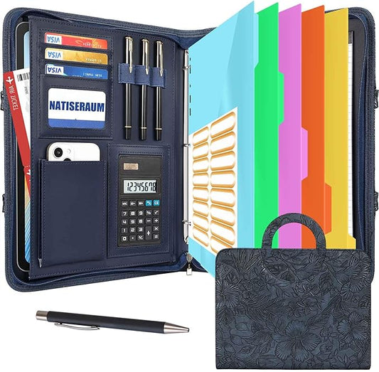 Portfolio Binder 3 Ring Includes Pen and 5 Dividers with 10 Pockets, Padfolio Organizer with Zipper for Men and Women, Includes A4 Notepad for Business, School, Work