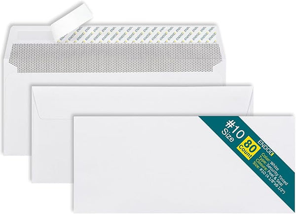 #10 Envelopes Self Seal - 80/pack - 4 1/8 x 9 1/2 inch Letter Size - Business Envelopes #10 Peel & Seal Closure, Security Tinted for Documents, Invoices, Statements - Blank White 24 lb paper