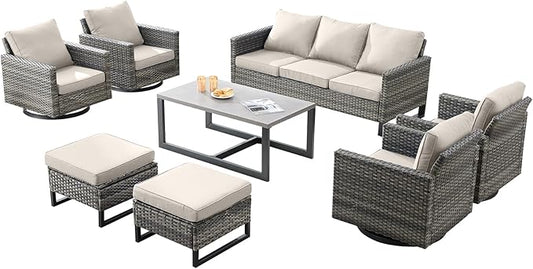Wicker Outdoor Patio Furniture Set - 8 Piece Patio Conversation Set with 4 Swivel Rocker Chairs,2 Rattan Ottoman,1 Couch and 1 Metal Coffee Table for Outside Porch Deck Backyard(Mixed Grey/Beige)