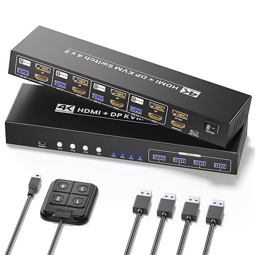USB 3.0 4 Port HDMI + Displayport KVM Switch 2 Monitors 4 Computers, 4K60Hz Dual Monitor HDMI DP KVM Switch for 4 Computers Sharing 1 Set of Keyboard, Mouse and 2 Monitors