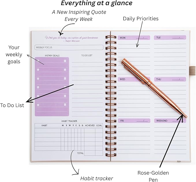 A5 Leather PU Planner & Journal Gift Set – Undated Weekly Spiral Notebook with Pen, Stickers & Box – Goal & Habit Tracker, Productivity Planner for Women & Men 5.8" x 8.0"