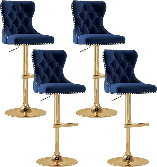 Bar Stools Set of 4, Velvet Swivel Counter Height Stools with Tufted Back, Adjustable Seat with Nailheads Trim, Upholstered Bar Chairs with Gold Base for Kitchen Island, Pub, Blue