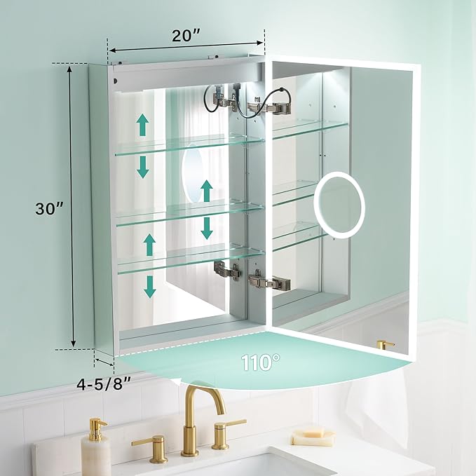 WELLFOR 20" X 30" LED Medicine Cabinet with Mirror, 3X Magnifiying Mirror Cabinet, Defogging/Dimmable Bathroom Mirrored Cabinet, Lighted Medicine Cabinet with Outlets & USB Ports, Right Opening Doors