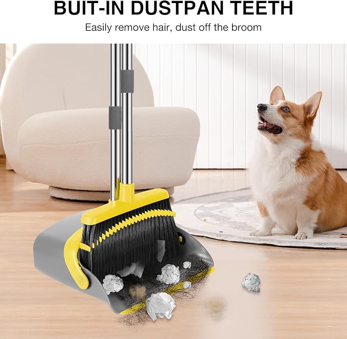 NACENA Broom and Dustpan Set, 52-in Long Adjustable Handle Broom Dustpan Combo with Dustpan Teeth to Automatically Clean Hair Suitable for Home Kitchen Office Hall Floor (Grey&Yellow), 4 Pack