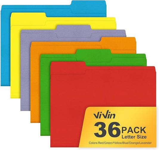 ViVin File Folders, Fits 8.5 x 11 Letter Size Paper, 1/3-Cut Tabs, 36 Pack Manilla Colored File Folders, Perfect for Home, Office, and School Documents File Paper(Multicolored)