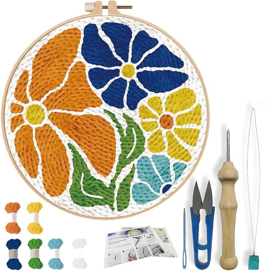 FREEBLOSS DIY Punch Needle Kits for Beginners Flowers Punch Needle Starter Craft Set with Hoop and Instruction Embroidery Set for Adults Gift Decoration, 7.9"/20cm
