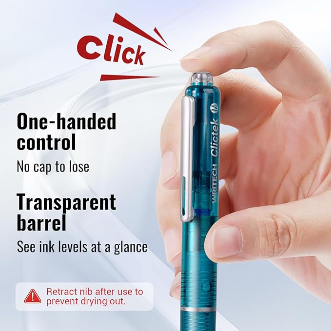 WRITECH Clictek Fountain Pen Set: Retractable Style Blue Ink Medium Nib Transparent Barrel, Includes 5 Ink Cartridges for Gift Set, Smooth Writing No Leaking