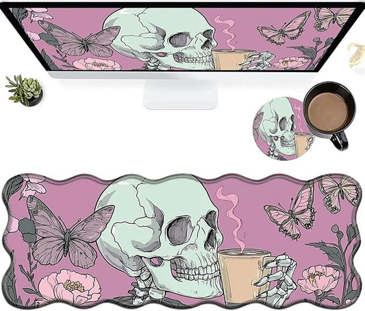 Skull Coffee Pink Large Gaming Mouse Pad Plus a Coaster, 31.5 x 11.8 inches Desk Mat Extended XL Mousepad with Stitched Edge Non-Slip Rubber, Desk Pad Computer Mouse Mat for Home Office