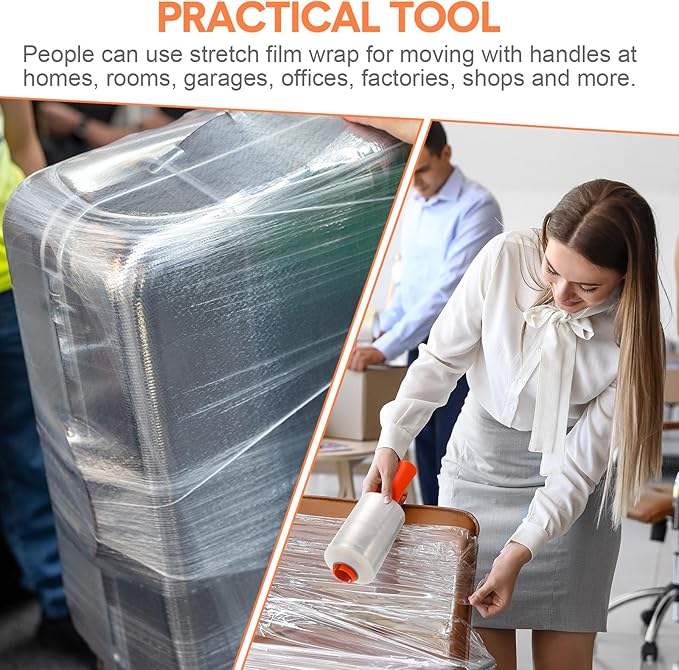 Jutom Mini Stretch Film Industrial Shrink Wrap Roll Plastic Film for Moving 2 Handles 5" x 1000 ft Pallet Wrap Packaging Self Adhering Shipping for Moving Furniture Packing(Orange,8 Pcs)