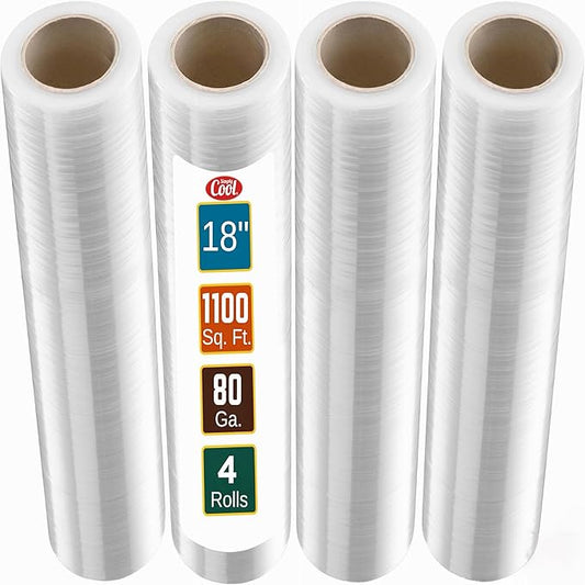 Stretch Wrap 4 Pack 18" x 1100 SqFt – Heavy Duty 80 Gauge (20 Micron) Shrink Wrap Rolls for Moving, Furniture, and Packing, Industrial Plastic Stretch Film, Pallet Wrap & Shrink Film Roll