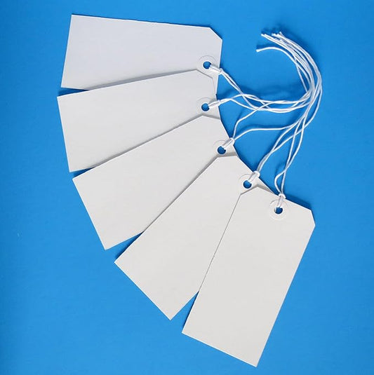 White Tags with String Attached - 4 3/4" x 2 3/8" - Box of 50 Hang Tags with White String, Large Blank Plain Labels with String and Reinforced Hole for Any Occasion