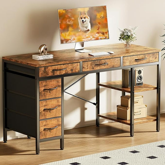 NEWBULIG Computer Desk with 6 Drawers, 55.12" Home Office Writing Gaming Desks with Storage Shelves, Modern Work Study Table for Bedroom Living Room Rustic Brown