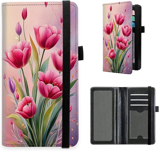 Checkbook Cover for Women and Men, PU Leather RFID Blocking Checkbook Holder Wallet Case with Elastic Strap & Multiple Card Slots, for Checks and Cards, Pink Tulips Bouquet