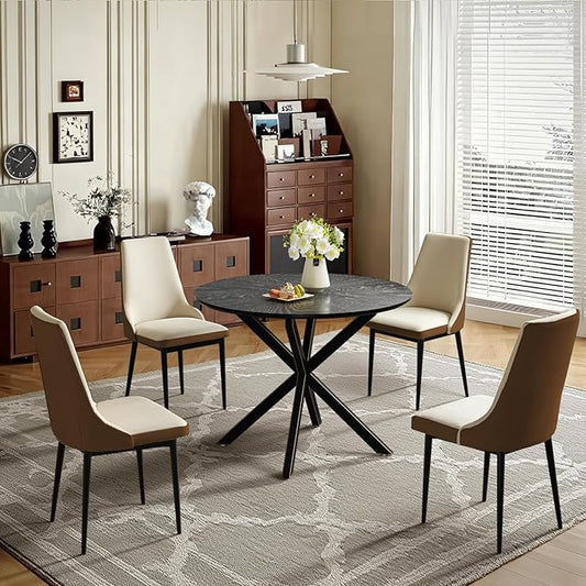 VFK 5-Pieces Dining Table Set for 4,36 inch Small Kitchen Table and Chairs Set Modern Metal Cross Base Dinner Table with 4 Cushioned Seat Round Coffee Table for Kitchen and Living Room