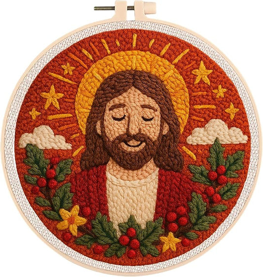 yesJRL Punch Needle Kit for Beginners, Jesus Religious Pattern DIY Needlepoint Craft Embroidery Set with Hoop, Yarn & Cloth, Christian Home Wall Décor Gift