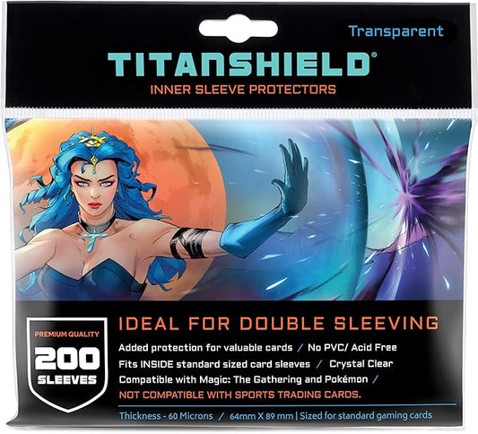 TitanShield 200 Premium 60-Microns Ultra Clear Standard Size Perfect Exact Fit Inner Card Sleeves. Perfect for Double-sleeving and Compatible with Pokémon Cards MTG Magic The Gathering Lorcana