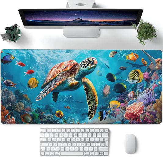 XXL Mouse Pad,Sea Turtle with Colorful Fish Large Gaming Mouse Pad,The Underwater World Desk Mat,Extended Big Computer Keyboard Desk Pad with Non-Slip Base Stitched Edges 35.4"x15.7"