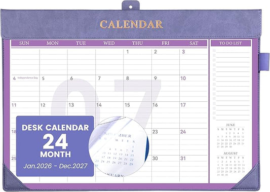 Yoment Desk Calendar 2026-2027, Jan 2026-Dec 2027, Large Desk Calendar with to-Do Lists, 24 Months Leather Desk Pad Wall Calendar with PVC Cover for Work Office School Home Women Men, 17 x 12, Purple
