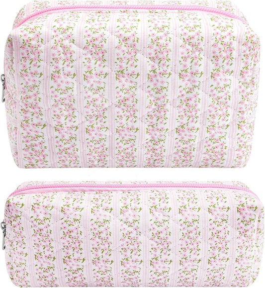 ZLFSRQ 2Pcs Floral Makeup Bag for Women Quilted Cosmetic Bag Cute Pink Pencil Case Cotton Pencil Pouch Small Travel Toiletry Bags Aesthetic Makeup Pouch for Purse Zipper Skincare Organizer