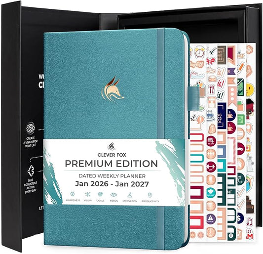 Clever Fox Dated Planner Premium 2026 – Weekly Agenda for Planning & Time Management –Notebook with Habit Tracker & To-do List (Aquamarine)