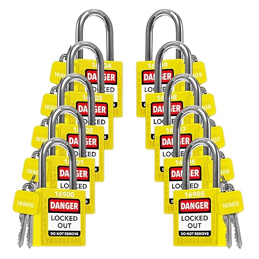 TRADESAFE Lockout Tagout Locks Set - 10 Yellow Loto Locks, Lockout Locks Keyed Different, 2 Keys Per Lock, OSHA Compliant Lock Out Tag Out Padlocks, Safety Padlocks for Electrical Lockout Tag Out Kits