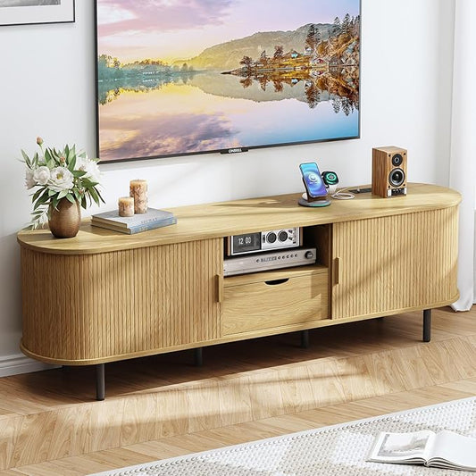 ONBRILL 69" TV Stand with Power Outlet for TVs up to 80", Entertainment Center with Storage and Drawer, TV Console with Adjustable Shelves and Sliding Door, TV Stand for Living Room, Bedroom, Oak