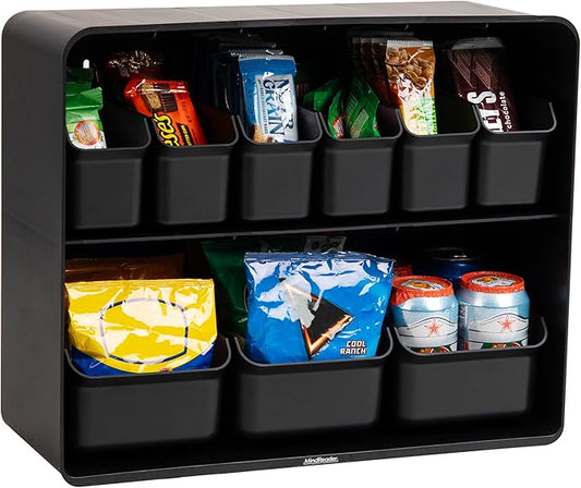 Mind Reader Snack Organizer, Countertop Organizer, Snacks, Drinks, Pantry, Breakroom, Kitchen, 18" L x 7.25" W x 14.5" H, Black
