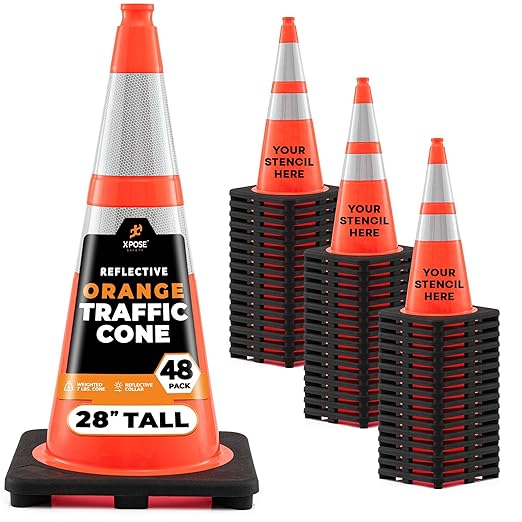 Xpose Safety 28" Orange Traffic Cones with 6" & 4" Collars, 48-Pack – PVC Safety Cones for Parking, Soccer, Construction, Kids & Caution – DOT Approved – Optional Stencil Available