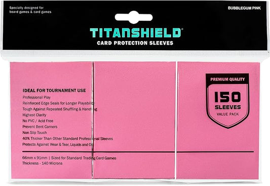 TitanShield Premium Card Sleeves | Compatible with Pokemon, One Piece, Lorcana, Flesh & Blood, & Magic The Gathering MTG | (150 Sleeves - Standard) (1, Bubblegum Pink, Standard | 66x91mm)