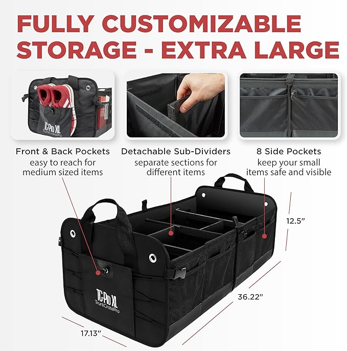 TRUNKCRATEPRO XL Premium SUV, Truck, Car Trunk Organizer With Expandable Compartments - Lightweight Foldable Cargo Organizer