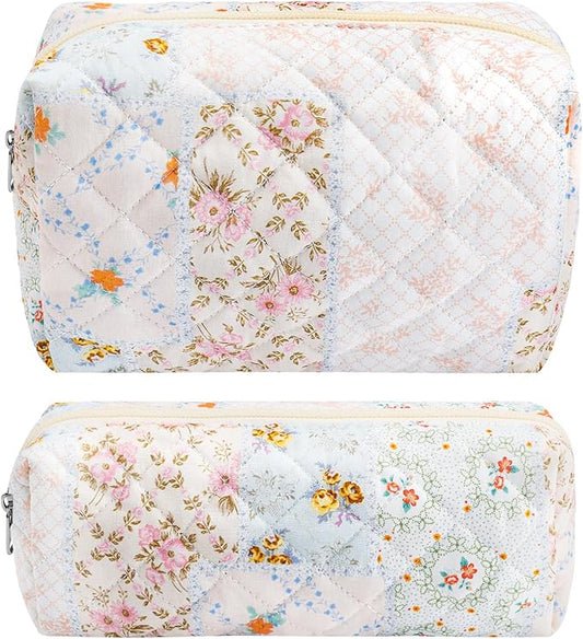 ZLFSRQ 2Pcs Floral Makeup Bag for Women Flower Cosmetic Bag Cute Pencil Case Quilted Pencil Pouch Small Travel Toiletry Bags Preppy Pen Bags Aesthetic Makeup Pouch for Purse Zipper Skincare Organizer