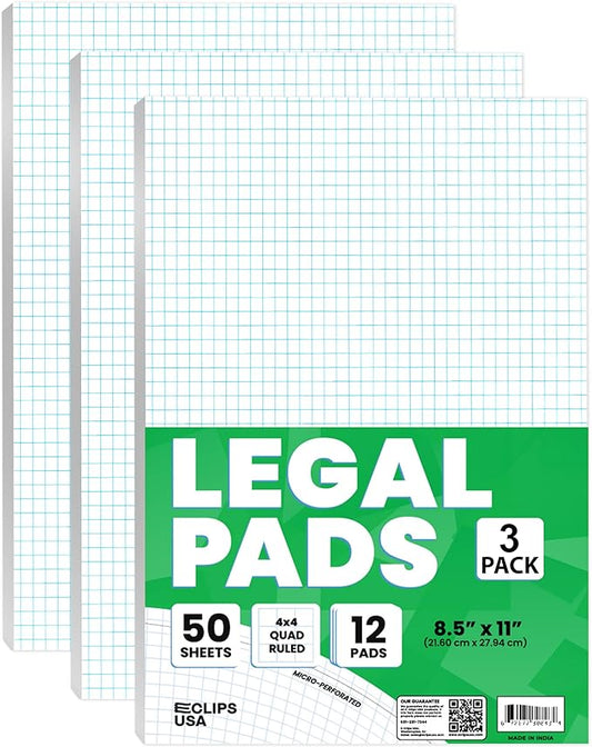 E-CLIPS USA Graph Paper Pad, Graph Paper Notebook, 4 x 4 An Inch Quad Ruled Graph Paper Pad, Graph Paper Pads 8.5 x 11, Drafting Paper, 50 Sheets Per Pad (3 Pack)