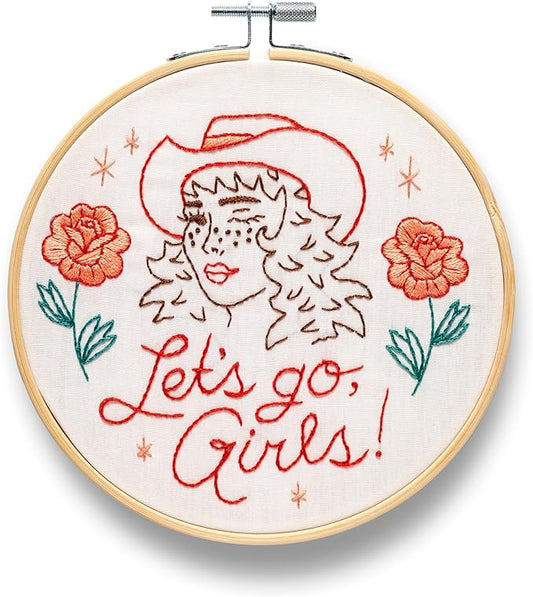 FUNATIC Let's Go Girls Embroidery Kit | Funny Beginner Needle Work Starter Set for Adults | Needlepoint DIY Arts and Crafts | Cross Stitch Set with Bamboo Hoop Floss Needles Threader Printed Fabric
