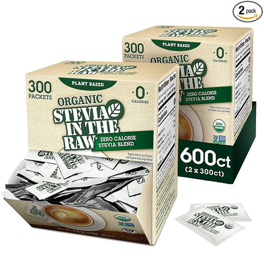 Stevia In The Raw Organic Stevia Sweetener Packets, 300 Ct Box, 2 Pack, Zero Calorie Stevia Sugar Substitute Packets, No Erythritol or Artificial Flavors, USDA Organic, Non-GMO Project Verified, Vegan