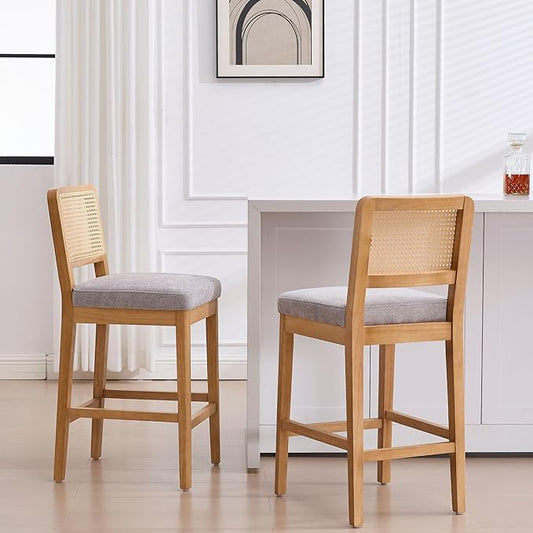Wahson Counter Height Bar Stools Set of 2, Farmhouse Rattan Bar Stool with Back, Upholstered Wooden Barstools Mid Century Modern Breakfast Bar Chairs for Kitchen Island, Chenille Grey