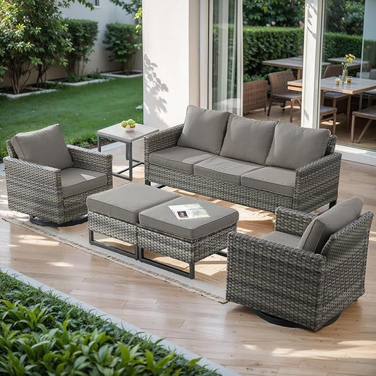 Wicker Outdoor Patio Furniture Set - 6 Piece Patio Conversation Set with 2 Swivel Rocker Chairs,2 Rattan Ottoman,1 Couch and 1 Metal Side Table for Outside Porch Deck Backyard(Mixed Grey/Grey)