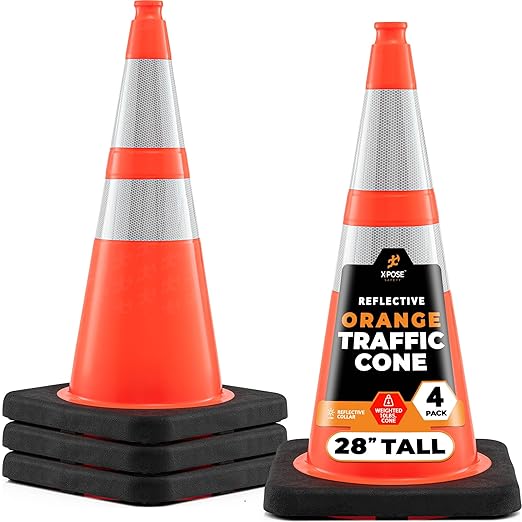 Xpose Safety 28 Inch Orange Traffic Cones Heavy Duty 10lb with 6" & 4" Collars, 4 Pack - Multipurpose PVC Plastic Safety Cone for Parking, Soccer, Caution, Kids and Construction - DOT Approved