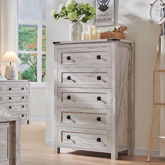T4TREAM Farmhouse 5 Drawers Dresser Chests for Bedroom, Wood Rustic Tall Chset of Drawers,Dressers Organizer for Bedroom, Living Room,Hallway, Antique Brush White
