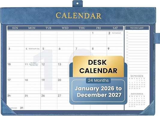 Yoment Desk Calendar 2026, Jan 2026-Dec 2027, 2026 Desk Calendar Large 17 x 12, 2026 Calendar with Plastic Cover, To-Do Lists, Leather Desktop Wall Calendar 2026-2027 for Office School Home, Blue