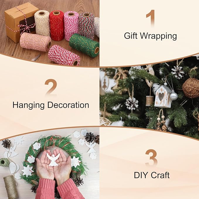 PATIKIL 2mm x 109 Yard Cotton Butcher Twine, Cotton Bakers Twine String Rope Cord for Gift Wrapping Arts Crafts Party Decorations Gardening, Gold Pink