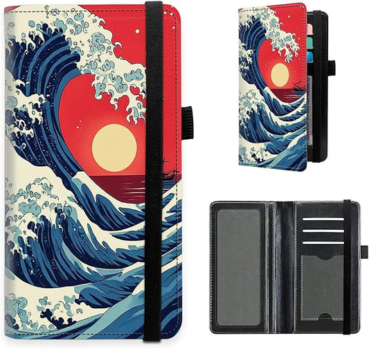 Checkbook Cover for Women and Men, PU Leather RFID Blocking Checkbook Holder Wallet Case with Elastic Strap & Multiple Card Slots, for Checks and Cards, Great Wave at Sunset