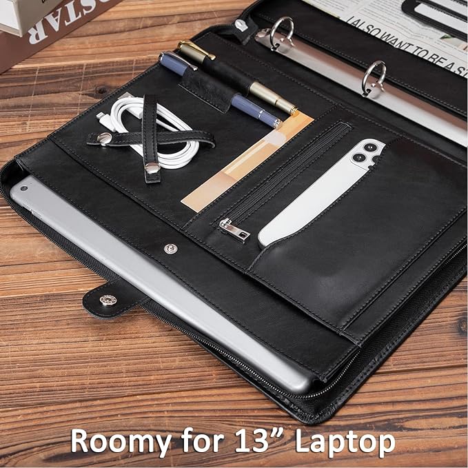 Personalized Vegan Leather Portfolio 3 Ring Binder with Clipboard, Hidden Handle, Custom 8.5 x 11 Zip Padfolio, Business Professional Organizer for Men Women, Black