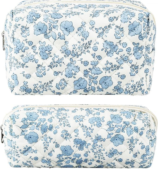 ZLFSRQ 2Pcs Floral Makeup Bag Cute Quilted Makeup Bag Preppy Pencil Pouch Small Cosmetic Bags Aesthetic Travel Toiletry Bags Preppy Pen Pouches Makeup Pouch for Purse Zipper Skincare Storage Organizer