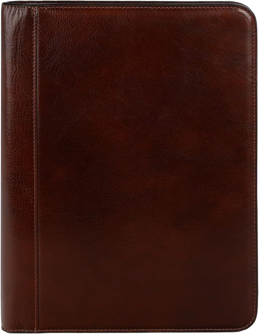 Time Resistance Leather Portfolio - A4 Document Folder - Italian Handcrafted Padfolio Organizer (Brown) - Gift Box Included