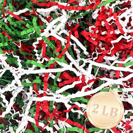 Zankubom 2 LB Crinkle Cut Paper Shred Filler Great for Gift Wrapping, Basket Fillers, Birthday, Gift Wrapping, Anniversary, Halloween Christmas Party Decor Filling Supplies Red Green White