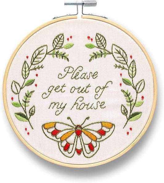 FUNATIC Please Get Out of My House Embroidery Kit | Funny Beginner Needle Work Starter Set for Adult | Needlepoint DIY Art and Craft | Cross Stitch Set with Hoop Floss Needles Threader Printed Fabric
